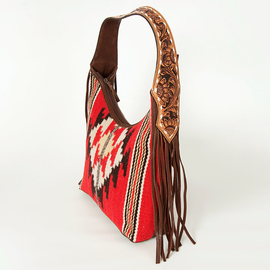American Darling Hand-Woven Saddle Blanket Hobo Bag Women's Genuine Leather Hand Tooled Purse with Fringes & YKK Zipper