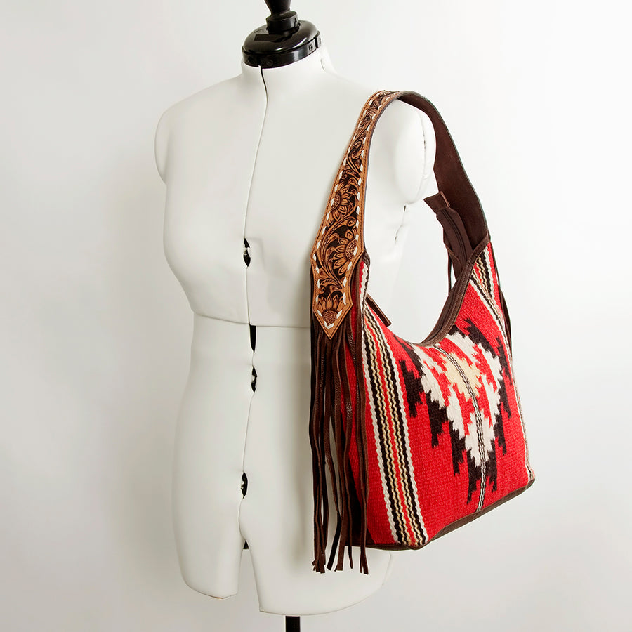 American Darling Hand-Woven Saddle Blanket Hobo Bag Women's Genuine Leather Hand Tooled Purse with Fringes & YKK Zipper