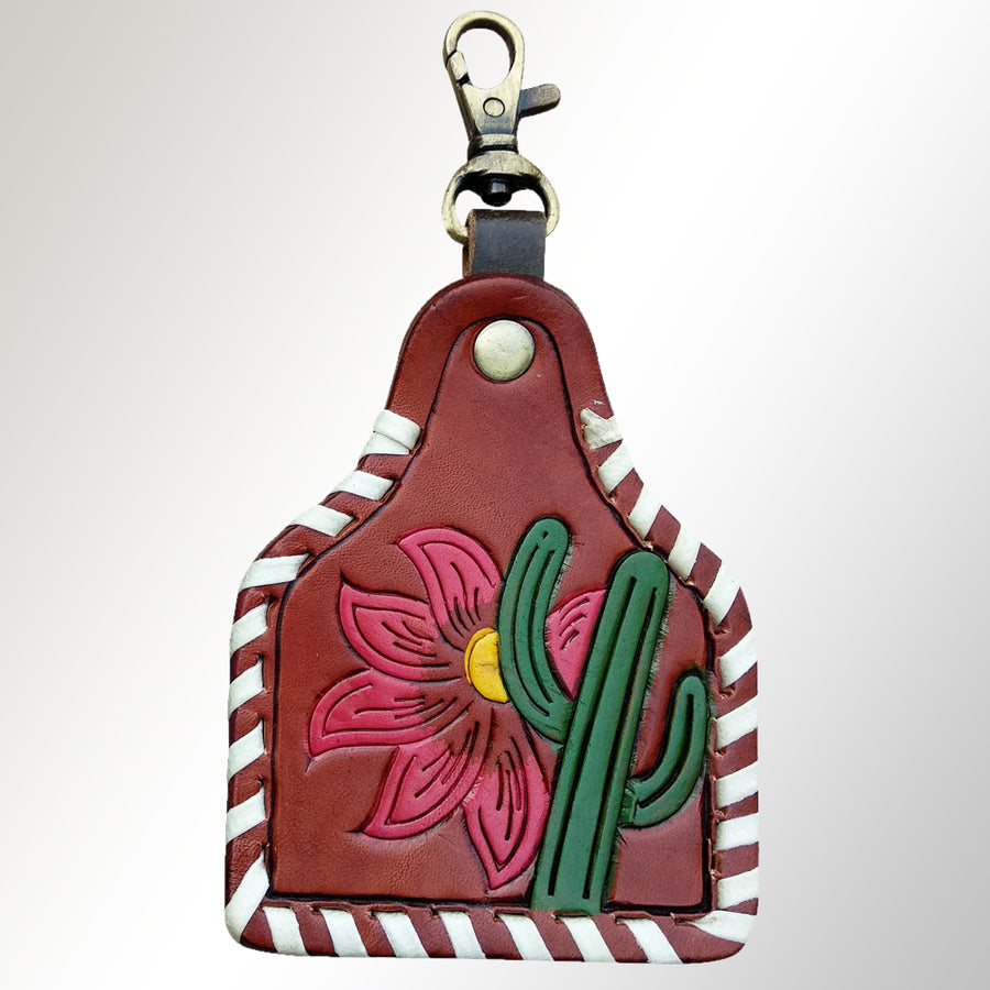 Burgundy leather keychain with cactus and flower tooling - Uhorse