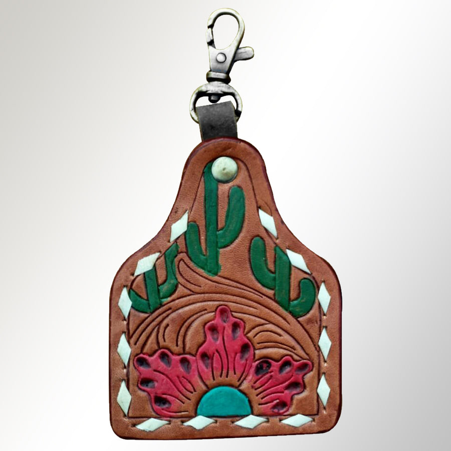 Leather keychain with tooled cactus and flower design - Uhorse