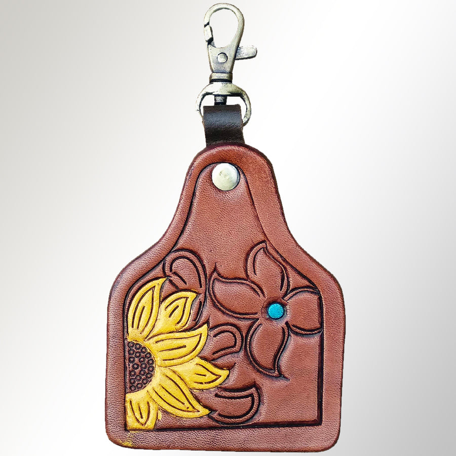 Brown leather keychain with tooled sunflower design - Uhorse