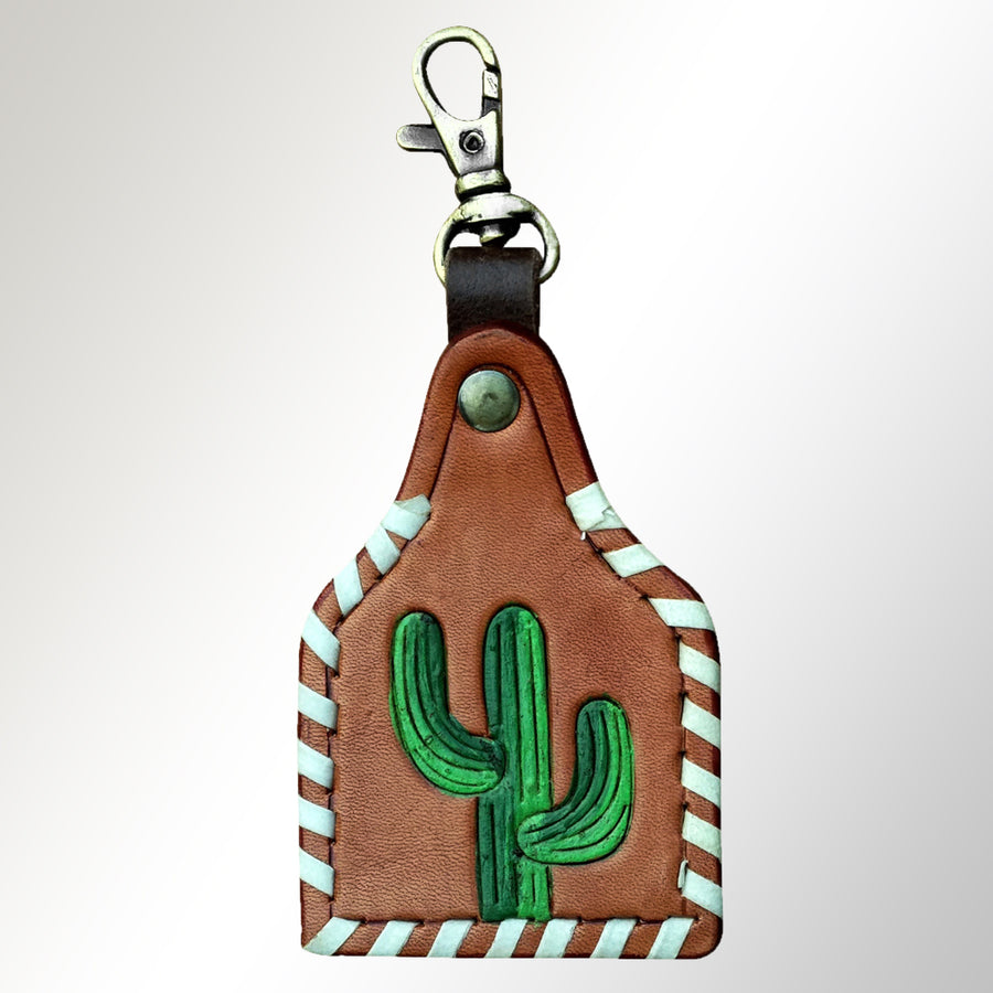 Brown leather keychain with cactus design and turquoise accents - Uhorse