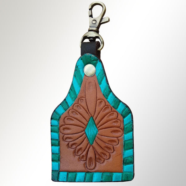 Leather keychain with turquoise tooling and concho - Uhorse