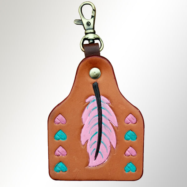 Tan leather keychain with feather and heart tooling - Uhorse