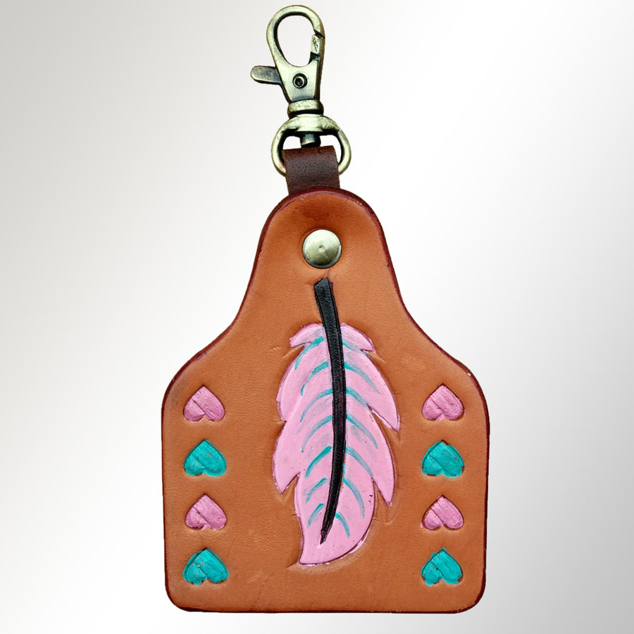Tan leather keychain with feather and heart tooling - Uhorse