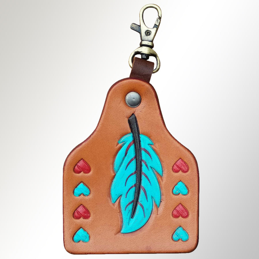 Leather keychain with turquoise feather and heart tooling - Uhorse