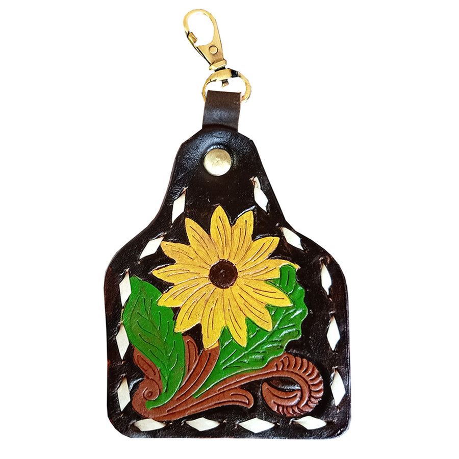 Black leather keychain with yellow flower tooling - Uhorse