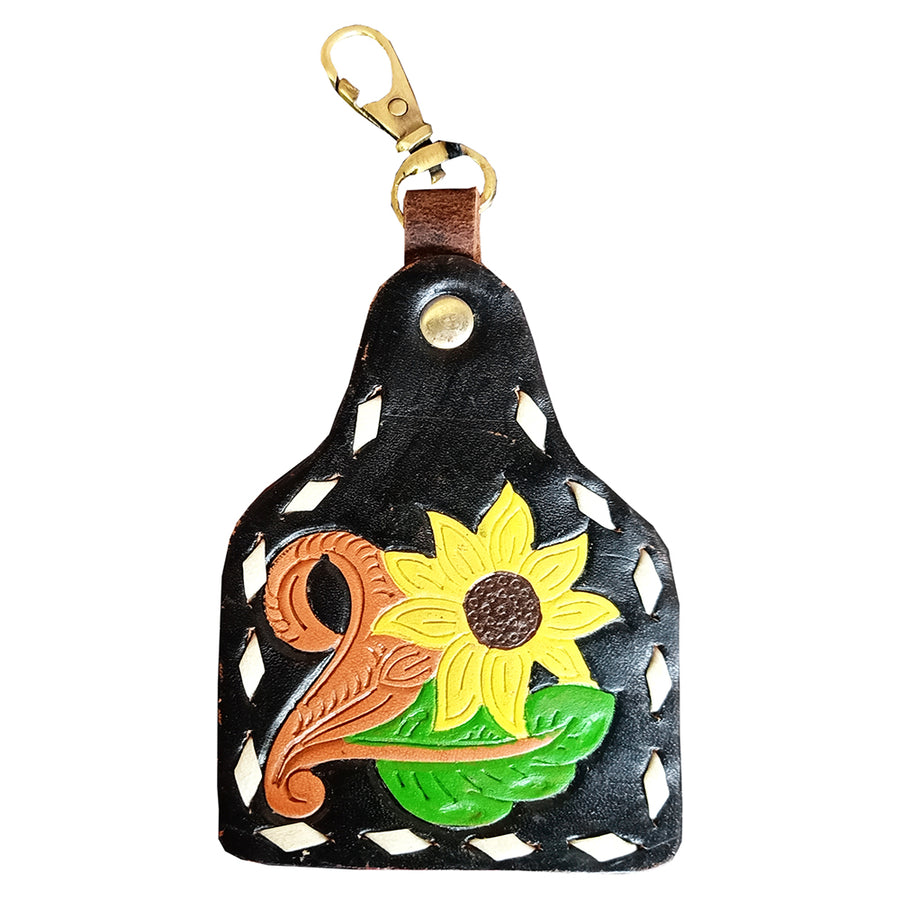 Black leather keychain with sunflower tooling - Uhorse