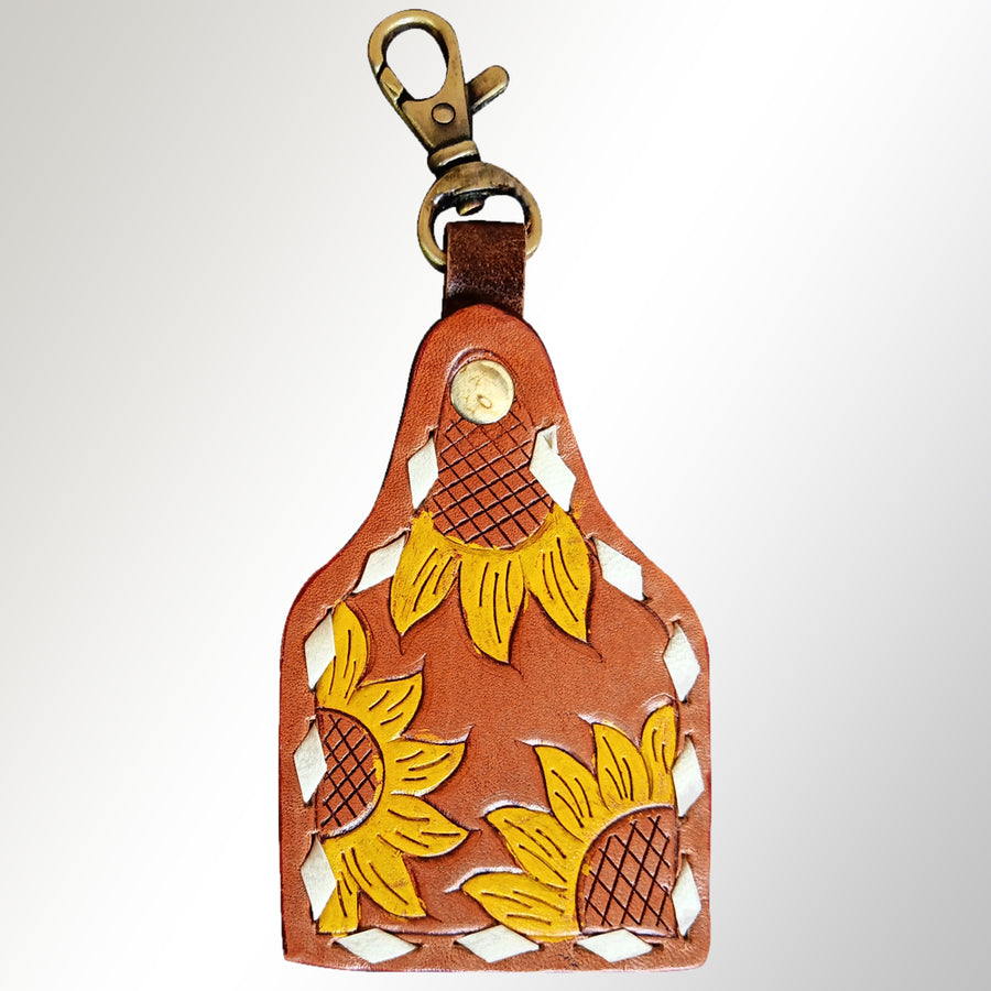 Leather keychain with sunflower tooling and brass hardware - Uhorse