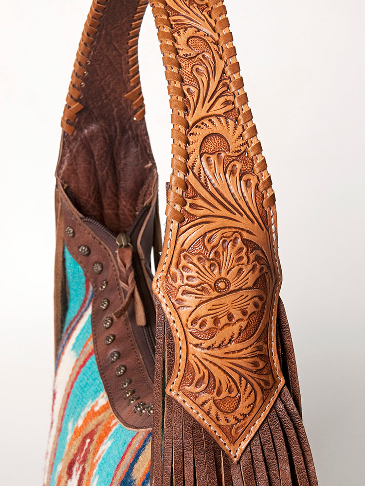 American Darling Hobo Bag for Women, Hand Tooled Floral Leather & Hair-On Cowhide Western Purse with Fringes & YKK Zipper