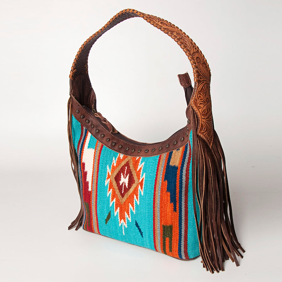 American Darling Hand Tooled Leather Hobo Bag with Hand Woven Saddle Blanket and Fringes - Uhorse