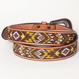 American Darling Hand Tooled Brown Genuine American Leather Beaded Belt Men & Women Western Belt with Removable Buckle