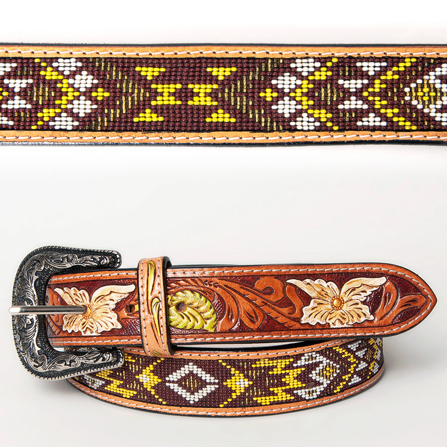 Beautifully Hand Tooled Hand Painted Genuine American Leather Belt Men and Women Beaded - Uhorse