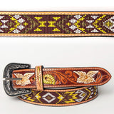 American Darling Hand Tooled Brown Genuine American Leather Beaded Belt Men & Women Western Belt with Removable Buckle