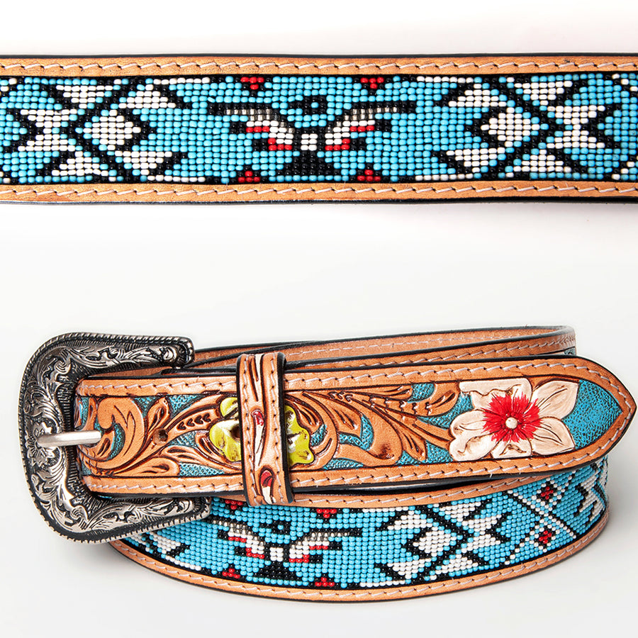 Beautifully Hand Tooled Hand Painted Genuine American Leather Belt Men and Women Beaded - Uhorse