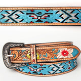 American Darling Hand Tooled Tan Genuine American Leather Beaded Belt Men & Women Western Belt with Removable Buckle