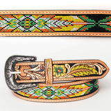 American Darling Hand Tooled Tan Genuine American Leather Beaded Belt Men & Women Western Belt with Removable Buckle