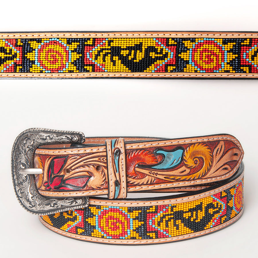 Beautifully Hand Tooled Hand Painted Genuine American Leather Belt Men and Women Beaded - Uhorse