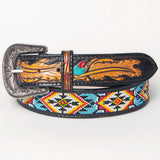 American Darling Hand Tooled Black Genuine American Leather Beaded Belt Men & Women Western Belt with Removable Buckle