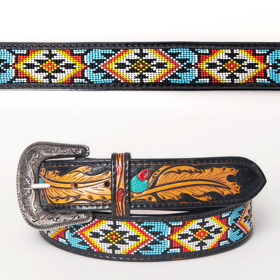 Beautifully Hand Tooled Hand Painted Genuine American Leather Belt Men and Women Beaded - Uhorse