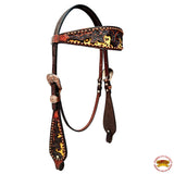 HILASON Western Horse Floral Headstall Breast Collar Set American Leather Dark Brown With Cheeta Inlay