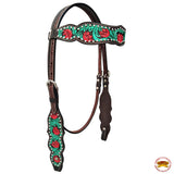 HILASON Western Horse Headstall Breast Collar Set American Leather Floral Dark Brown with Turquoise | Leather Headstall | Leather Breast Collar | Tack Set for Horses