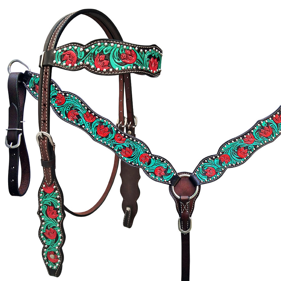 HILASON Western Horse Headstall Breast Collar Set American Leather Floral Dark Brown With Turquoise - Uhorse