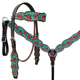 HILASON Western Horse Headstall Breast Collar Set American Leather Floral Dark Brown with Turquoise | Leather Headstall | Leather Breast Collar | Tack Set for Horses