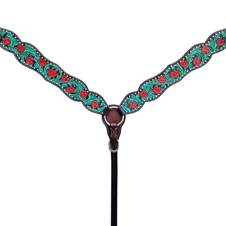 HILASON Western Horse Breast Collar American Leather Floral Dark Brown With Turquoise - Uhorse