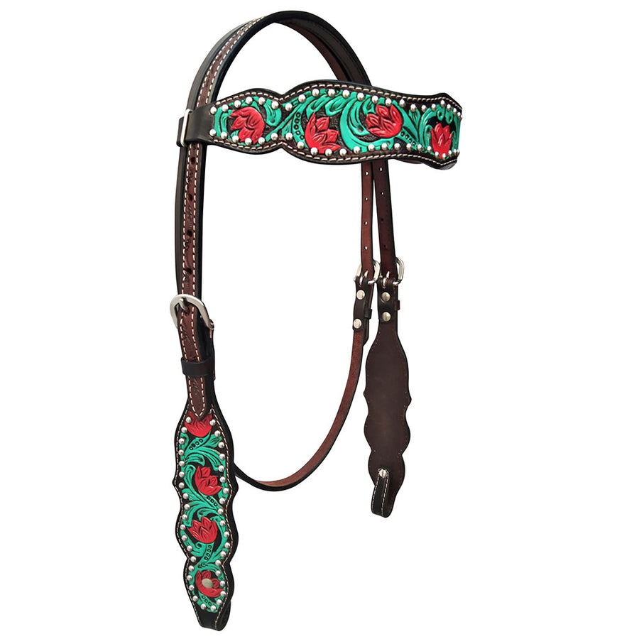 HILASON Western Horse Headstall American Leather Floral Dark Brown With Turquoise - Uhorse