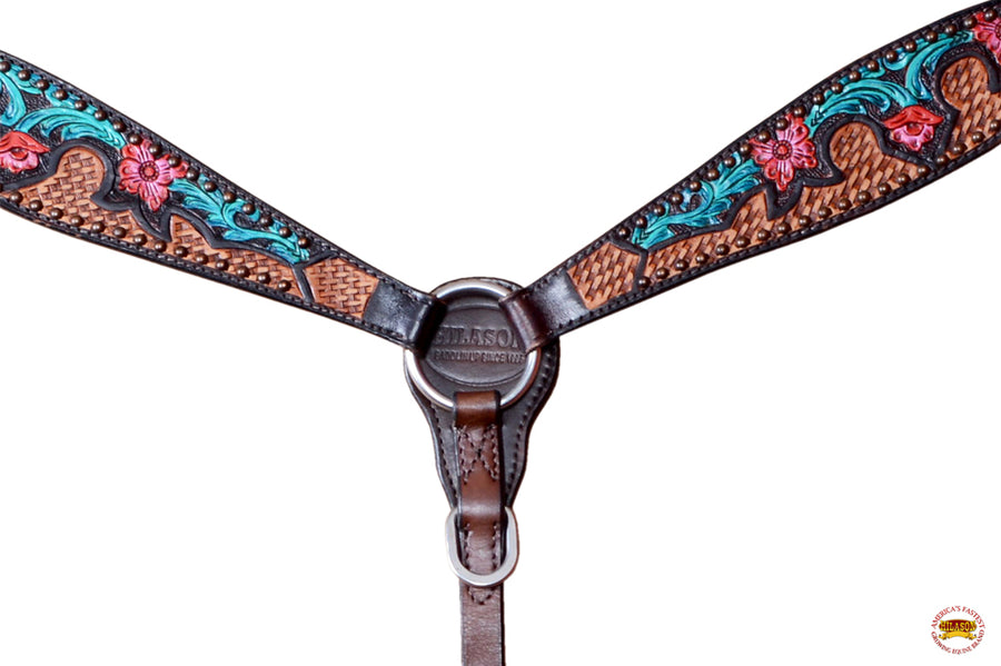 HILASON Western Horse Floral Headstall Breast Collar Set American Leather Dark Brown | Tack for Horses