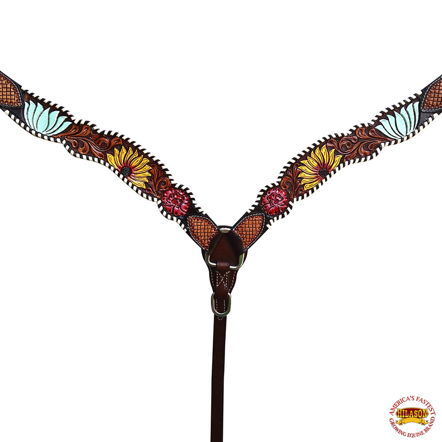 HILASON Western Horse Headstall Breast Collar Set American Leather Dark Brown with Sunflower | Tack for Horses