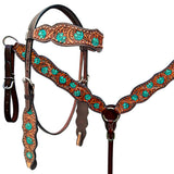 HILASON Western Horse Floral Headstall Breast Collar Set American Leather Brown with Turquoise | Tack for Horses