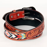 Bar H Equine Hand Carved Western Leather Belt Men Women Beaded