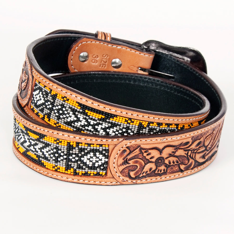 Bar H Equine Hand Tooled Genuine Leather Crafted Unisex Tan Western Belt Beaded Carving | Bead Belts for Women Men