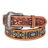 Bar H Equine Hand Tooled Genuine Leather Hand Crafted Unisex Tan Western Belt Beaded Carving | Bead Belts for Women | Men Beaded Belt | Hand Tooled Western Belt