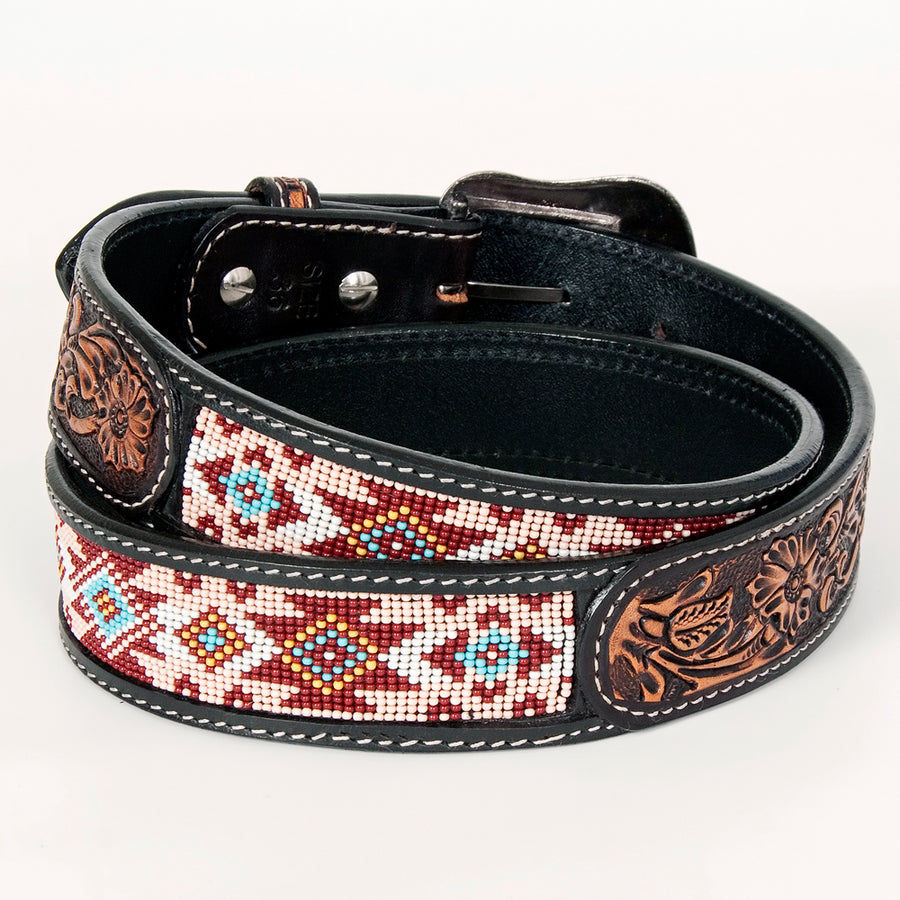 Bar H Equine Hand Tooled Genuine Leather Crafted Unisex Black Western Belt Beaded Carving | Bead Belts for Women Men