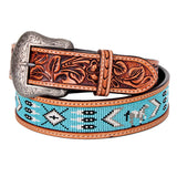 Bar H Equine Hand Carved Western Leather Belt Men Women Beaded