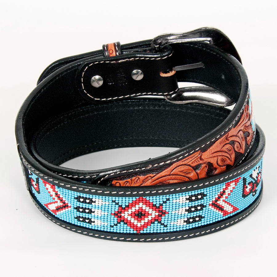 Bar H Equine Hand Tooled Genuine Leather Crafted Unisex Black Western Belt Beaded Carving | Bead Belts for Women Men
