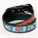 Bar H Equine Hand Carved Western Leather Belt Men Women Beaded