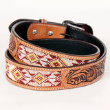 Bar H Equine Hand Tooled Genuine Leather Hand Crafted Unisex Tan Western Belt Beaded Carving | Bead Belts for Women | Men Bea