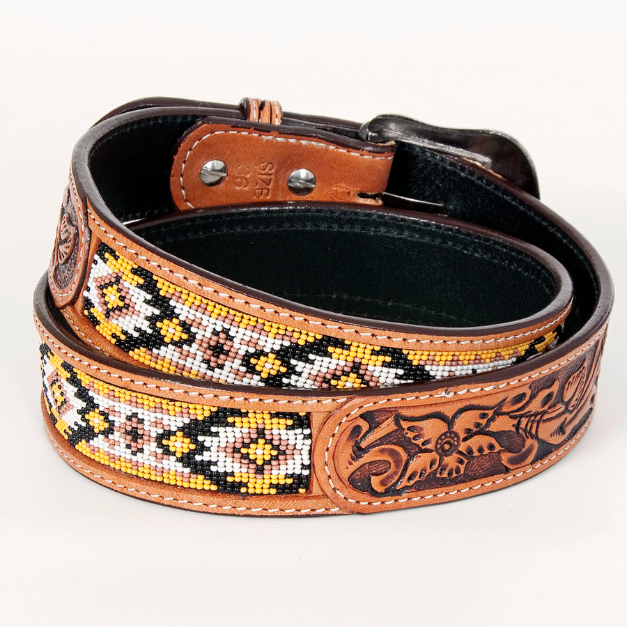 Bar H Equine Hand Tooled Genuine Leather Crafted Unisex Tan Western Belt Beaded Carving | Bead Belts for Women Men Bea