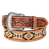 Bar H Equine Hand Tooled Genuine Leather Hand Crafted Unisex Tan Western Belt Beaded Carving | Bead Belts for Women | Men Bea