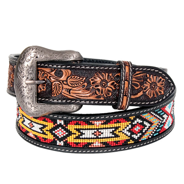 Bar H Equine Hand Carved Western Leather Belt Men Women Beaded - Uhorse
