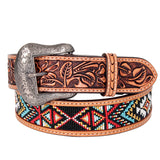 Bar H Equine Hand Carved Western Leather Belt Men Women Beaded