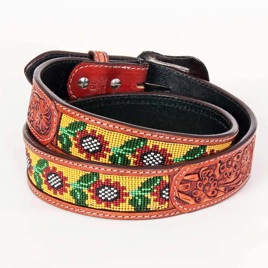 Bar H Equine Hand Tooled Genuine Leather Crafted Unisex Brown Western Belt Beaded Carving | Bead Belts for Women Men B