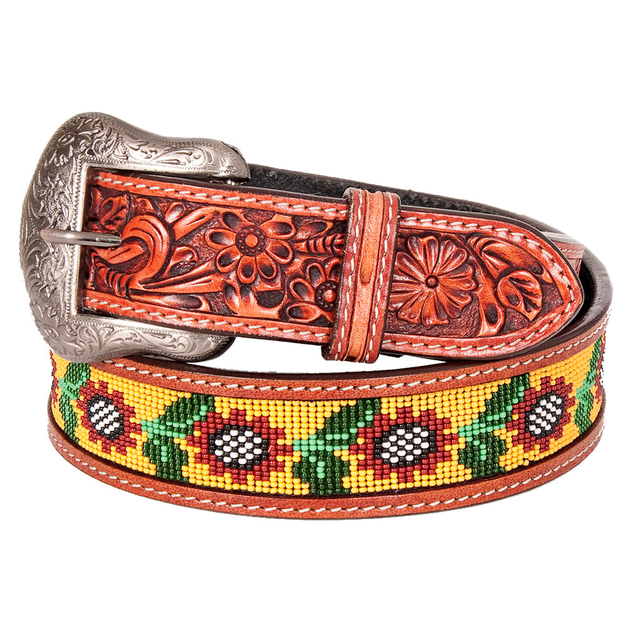 Bar H Equine Hand Carved Western Leather Belt Men Women Beaded Small - Bar H Equine