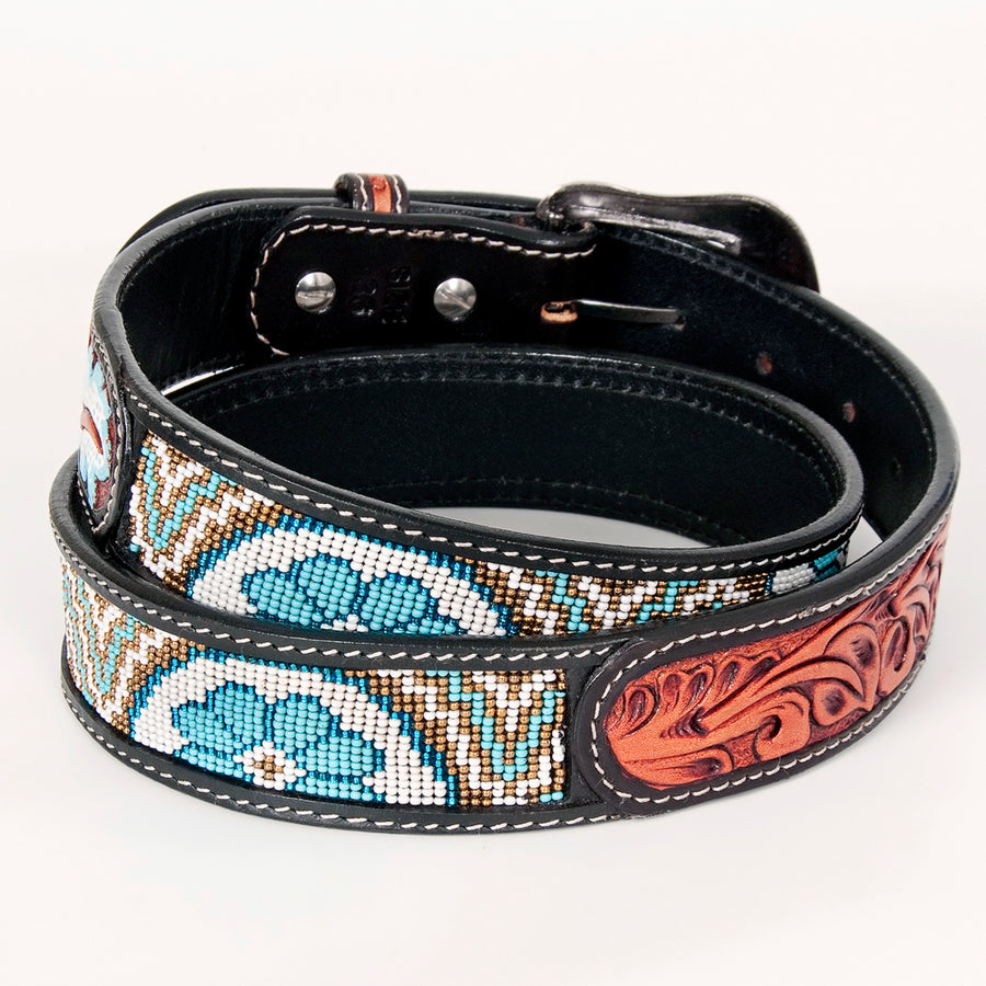 Bar H Equine Hand Tooled Genuine Leather Crafted Unisex Black Western Belt Beaded Carving | Bead Belts for Women Men B