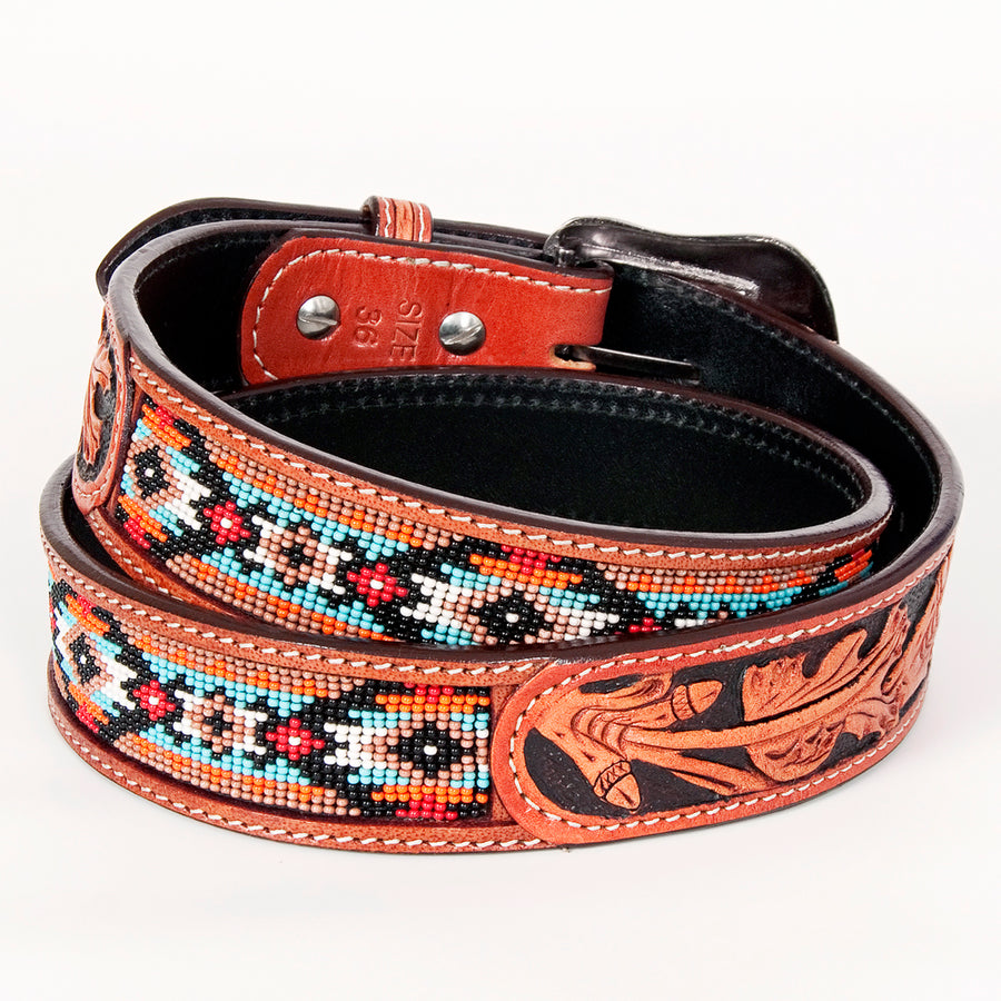Bar H Equine Hand Tooled Genuine Leather Crafted Unisex Brown Western Belt Beaded Carving | Bead Belts for Women Men B