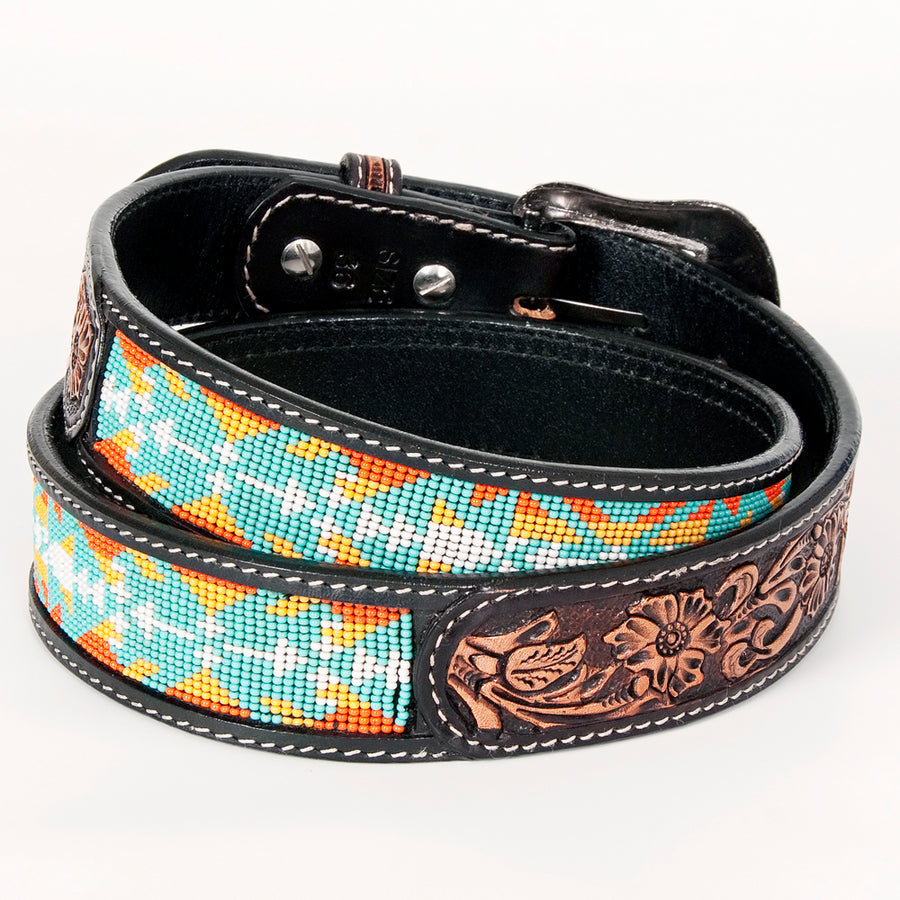 Bar H Equine Hand Tooled Genuine Leather Crafted Unisex Black Western Belt Beaded Carving | Bead Belts for Women Men B